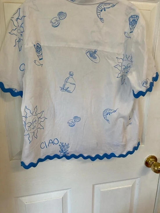 Jane and Delancey “ Ciao” White Button-Down Linen Blend Shirt with Blue Trim - Picture 4 of 6